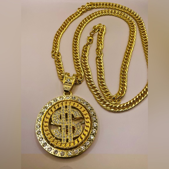 Other - Rhinestone rotatable dollar pendant necklace. 36 inches long. Hip hop. Iced out.